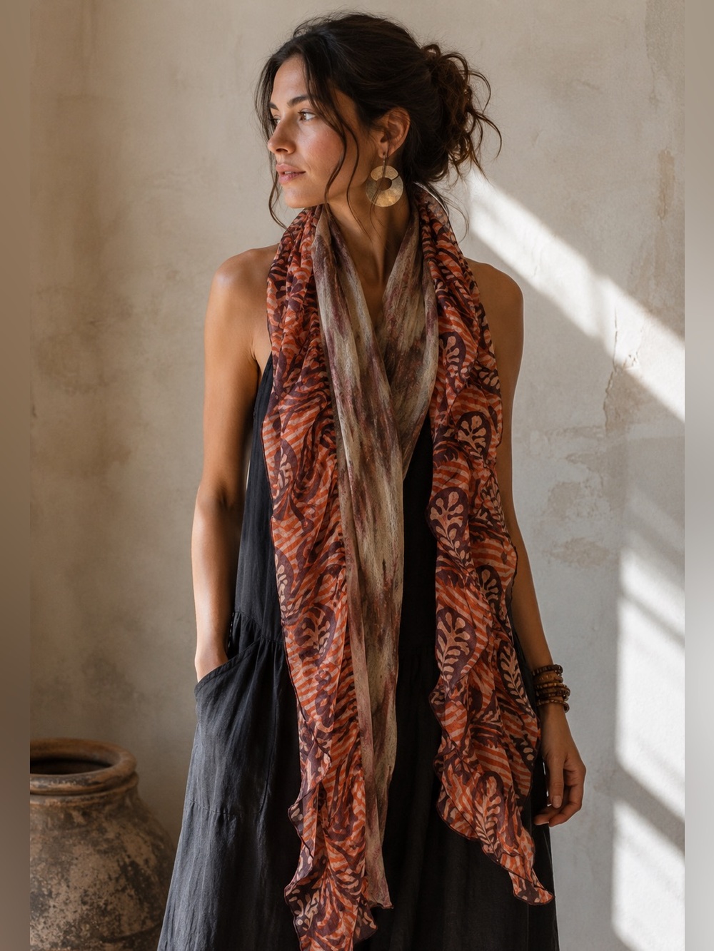 Handmade Eclectic Artisan Merino Wool Silk Scarf  Nepal Boho Lagenlook 35”